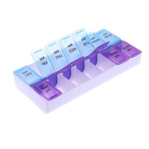 Double row 14 compartments classification pill box, AM/PM Pill Organizer, Vitamin and Medicine Box, Large Pop-out Compartments, 2 Times a Day, Blue and Purple Lids